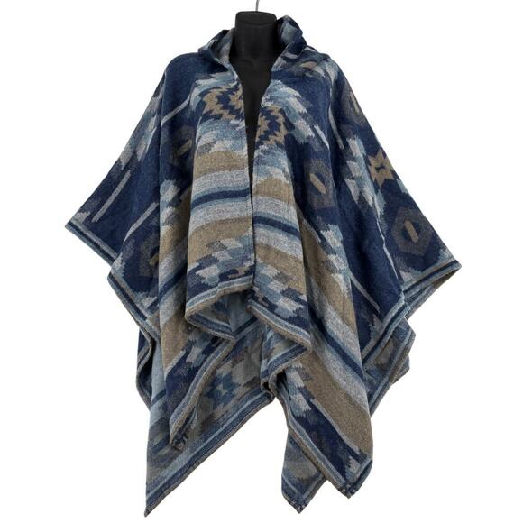BCBGeneration Hooded Poncho Women's One Size Blue Azetc Print Open Front - Picture 1 of 7